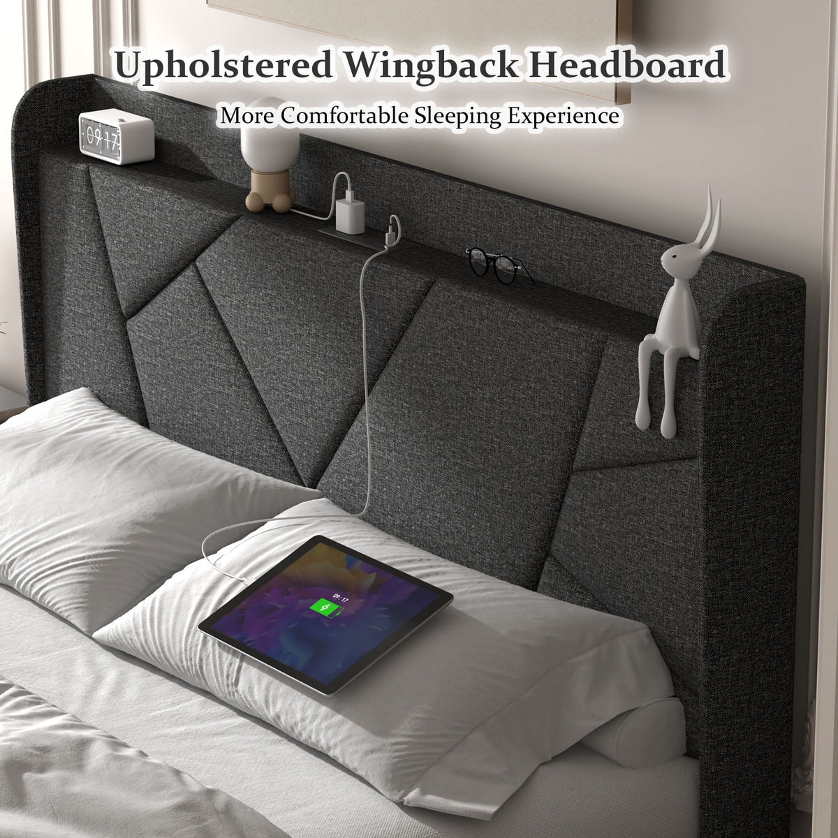 Queen Upholstered Platform Bed Frame with Wingback Storage Headboard M95821