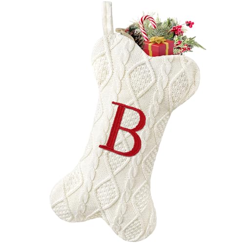 White Large Knit Dog Christmas Stocking with Initials O933124