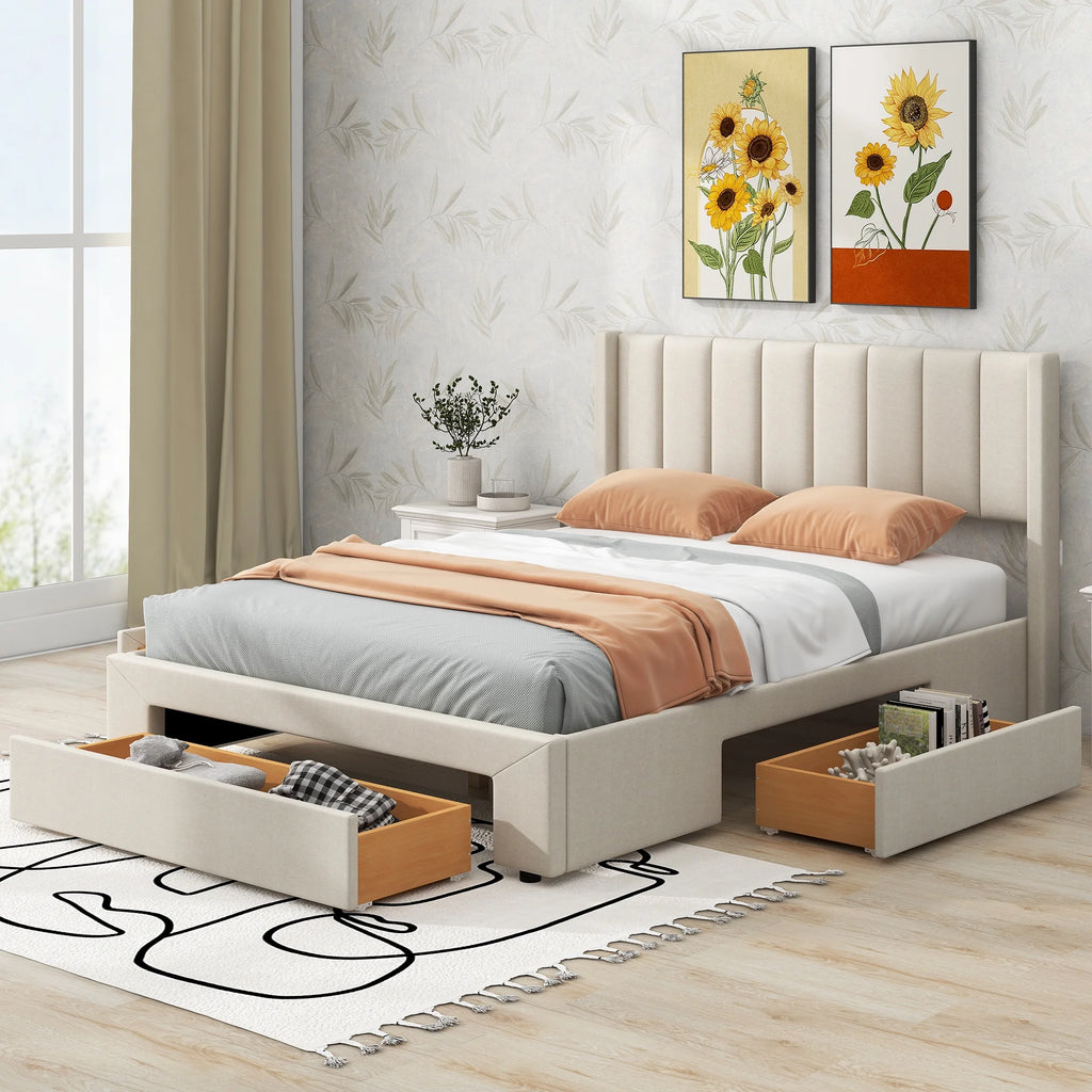 Beige Queen Size Upholstered Platform Bed with 3 Storage Drawers Z7393
