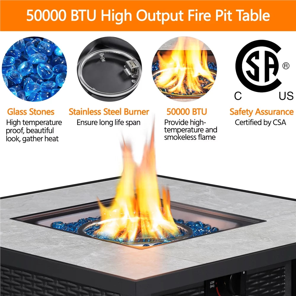 30'' Square Propane Fire Pit Table 50,000 BTU with Ceramic Tabletop E700
