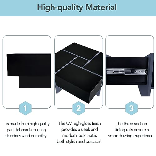 Black Square Coffee Table with 4 Hidden Storage Compartments and Extendable Sliding Tabletop B674400