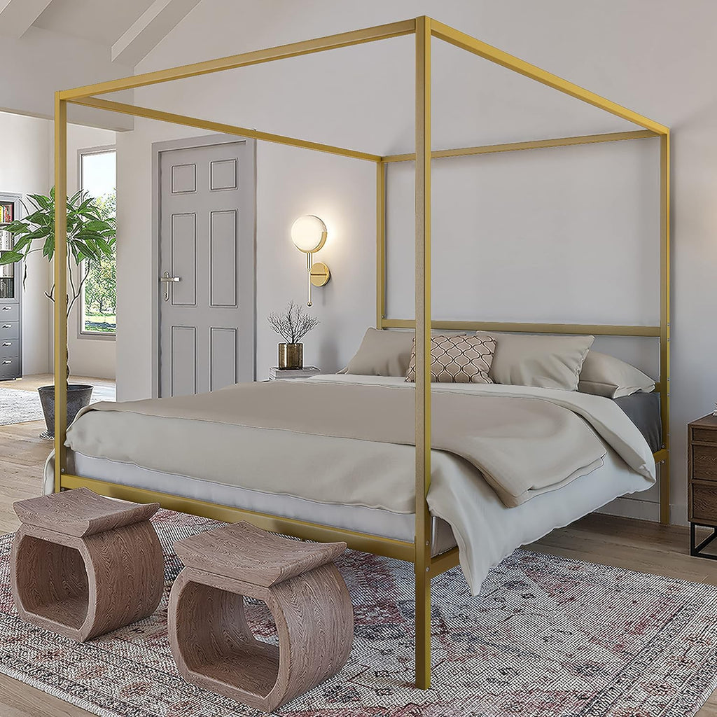 Queen Size Gold Metal Canopy Platform Bed Frame with Wooden Slats Q742