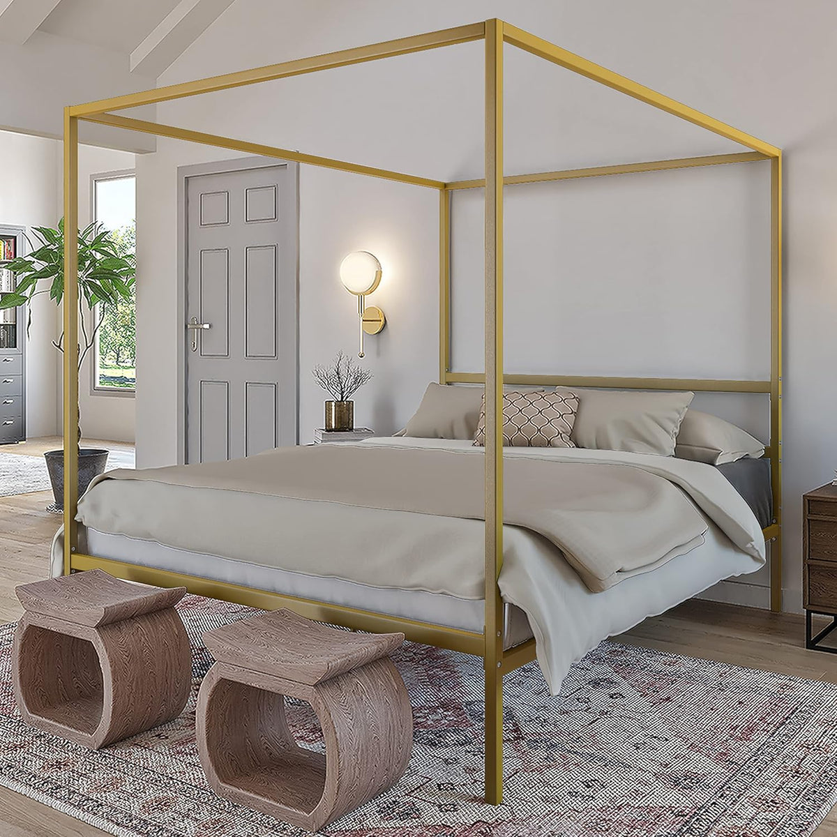 Queen Size Gold Metal Canopy Platform Bed Frame with Wooden Slats Q742