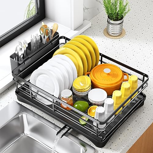 White Large Dish Rack with Drainboard and Utensil Holder B390561