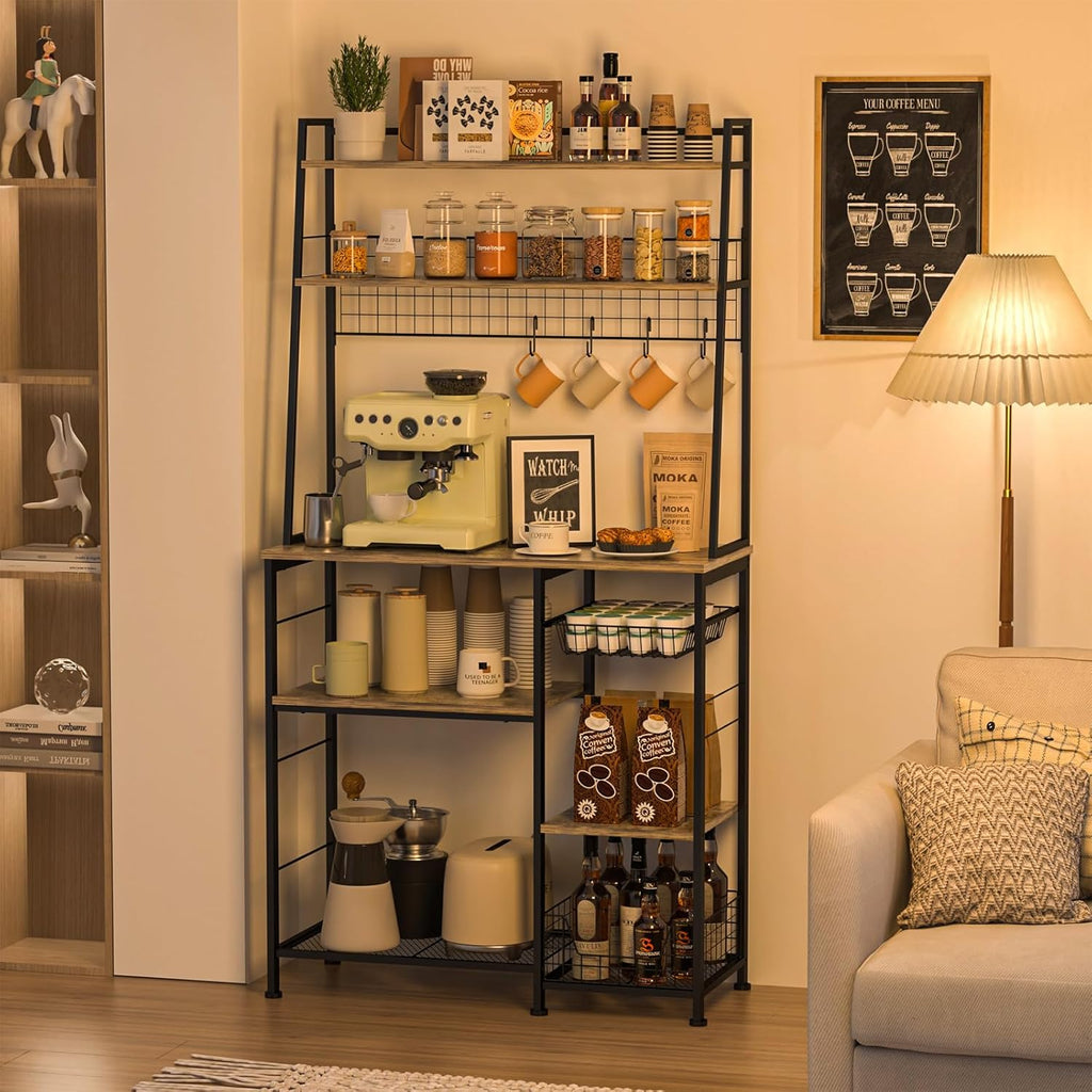 35.8" Large Farmhouse Coffee Station with 12 Hooks and Pull-Out Wire Basket, Coffee Bar Cart Table with Storage Shelves Rustic Brown L64643