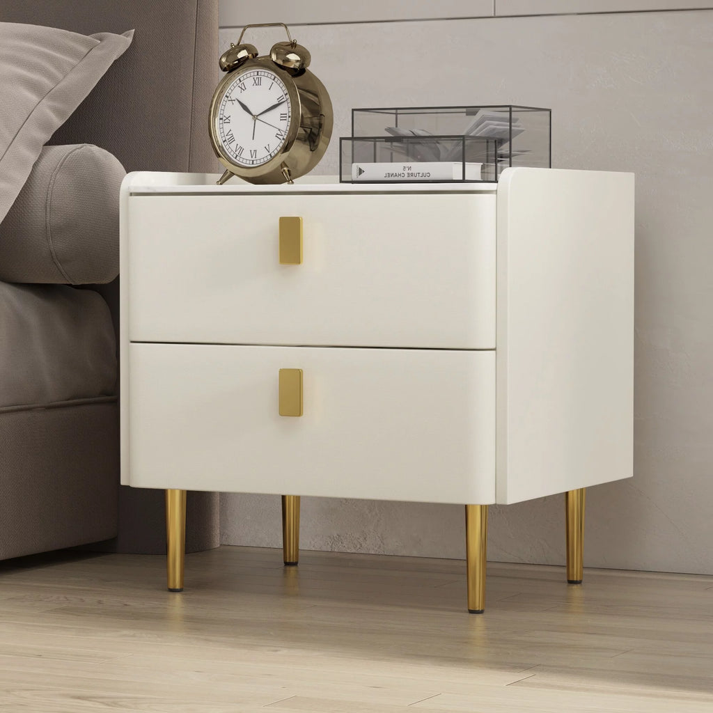 Beige Glossy 2-drawer Faux Leather Nightstand W522295