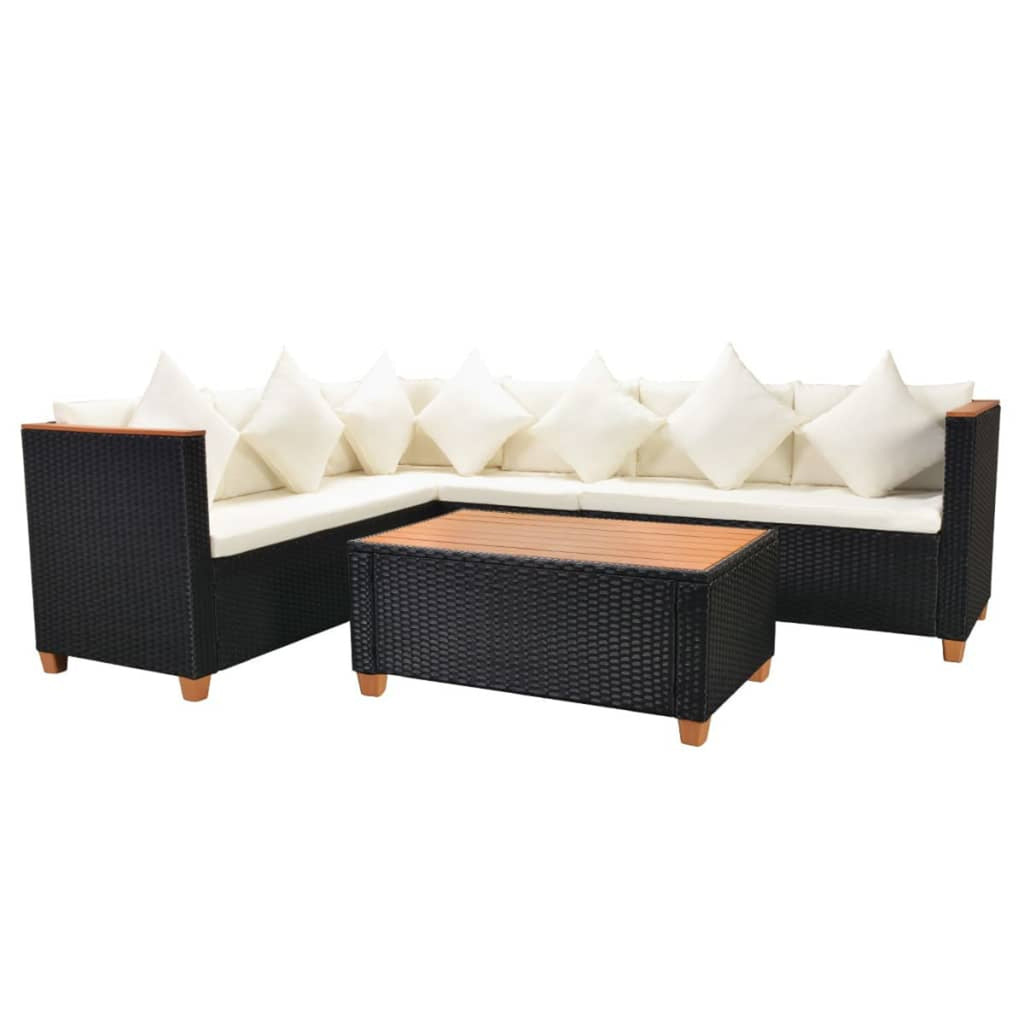 4 Piece Patio Lounge Set with White Cushions Black Poly Rattan 2-Seater Sofas with Corner Sofa and Coffee Table V133689