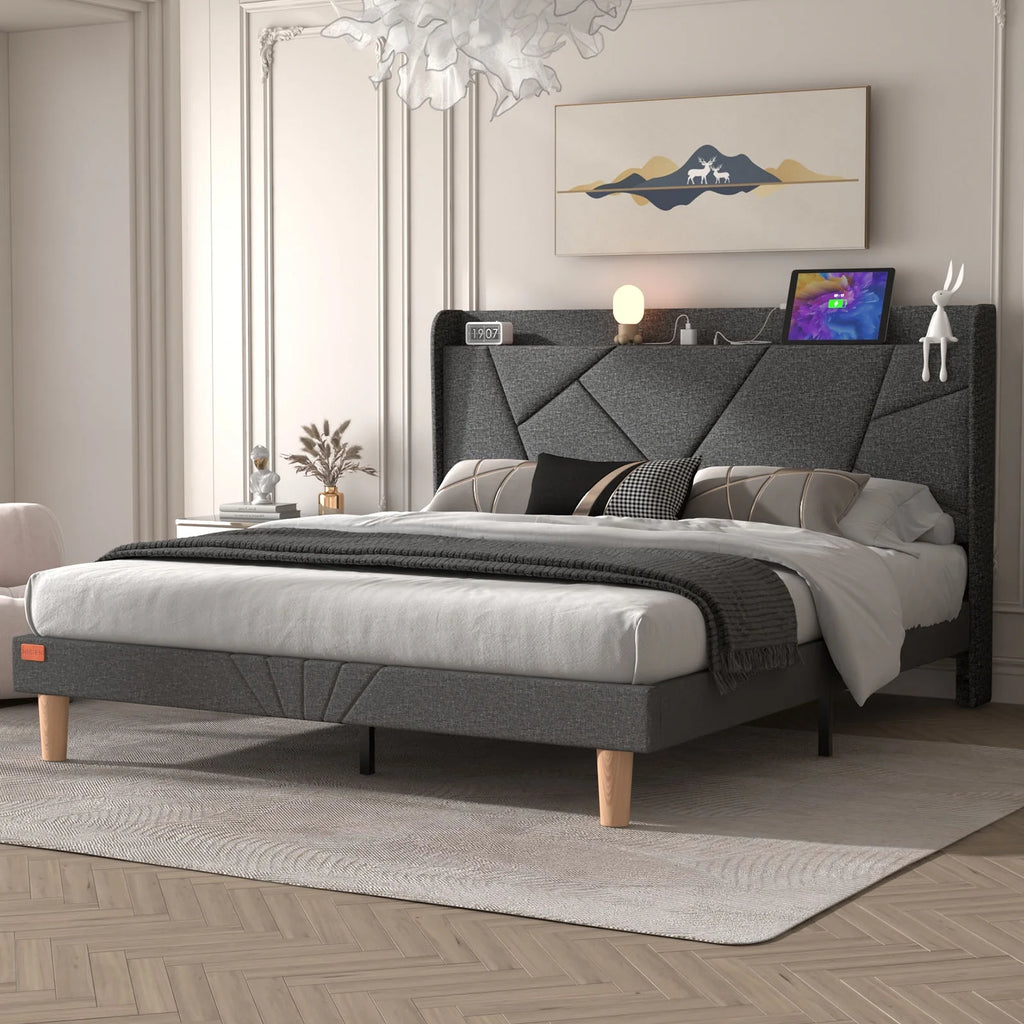 Queen Upholstered Platform Bed Frame with Wingback Storage Headboard M95821