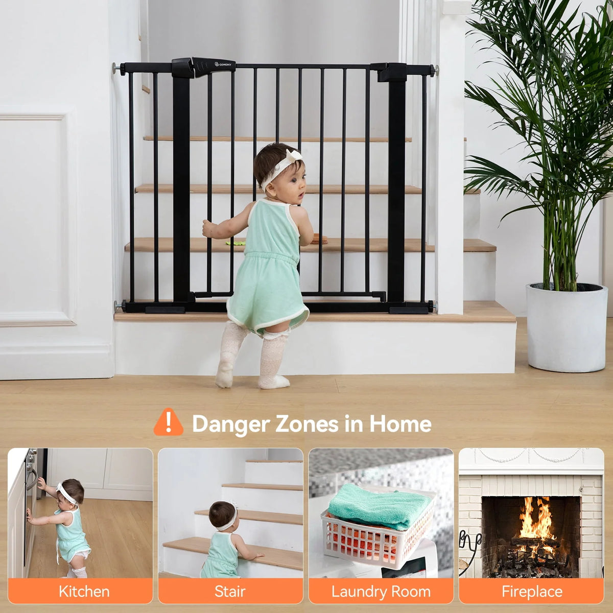 Baby Safety Gate, 29.5''- 40.5'' Wide Pressure Mount, Black K192430