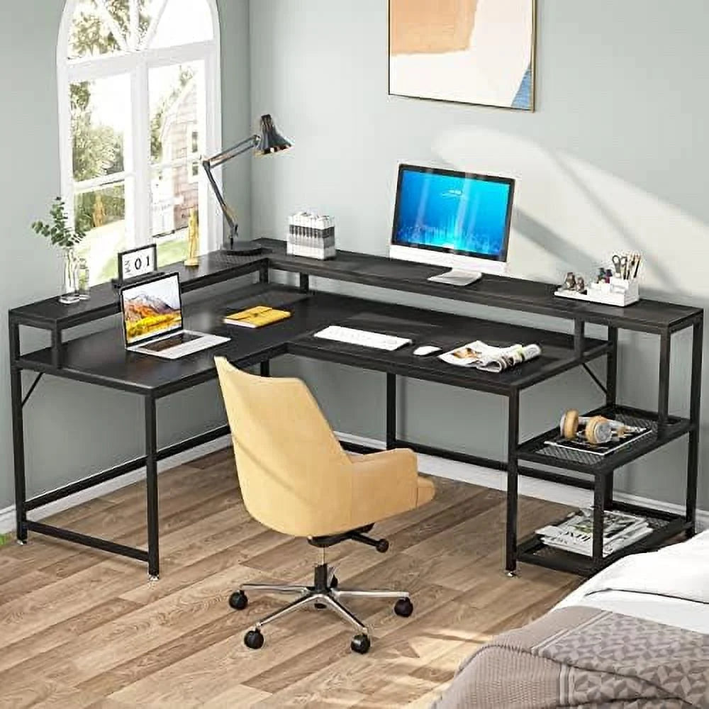 69 Inch L Shaped Desk with Monitor Stand Black U560149