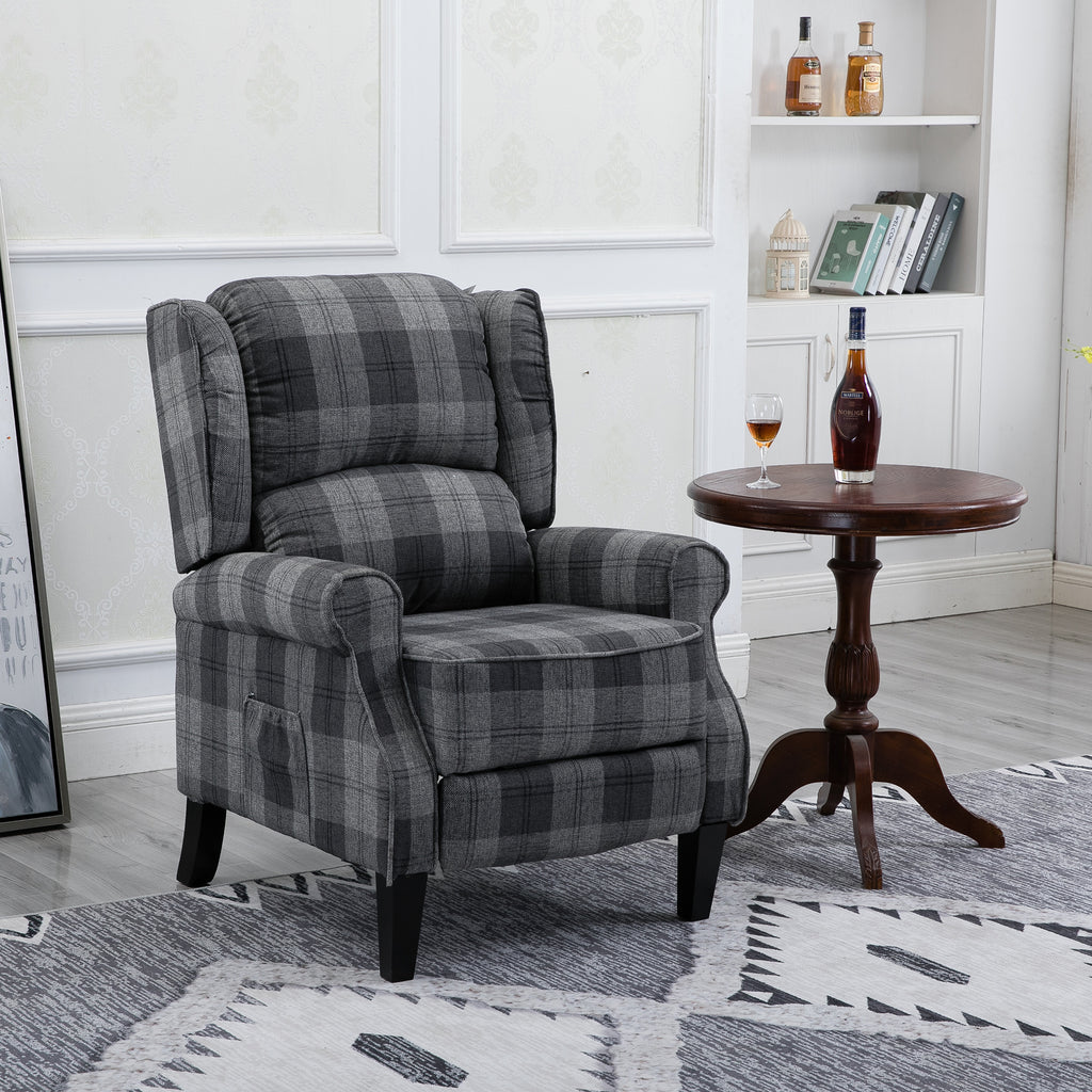 Gray Check Upholstered Recliner Chair with Adjustable Footrest and Side Pocket M910