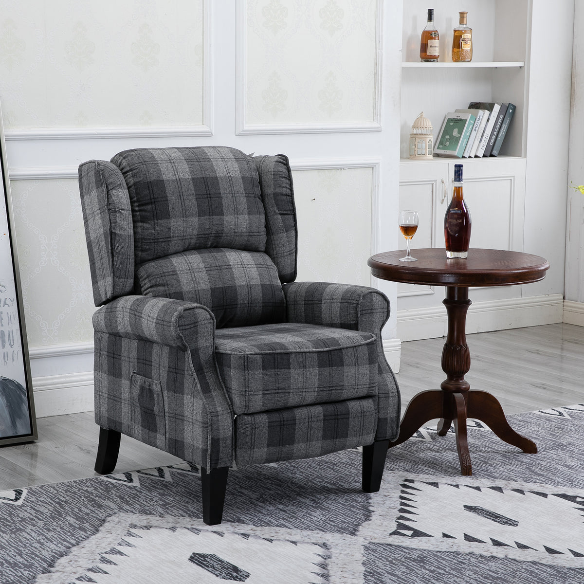 Gray Check Upholstered Recliner Chair with Adjustable Footrest and Side Pocket M910
