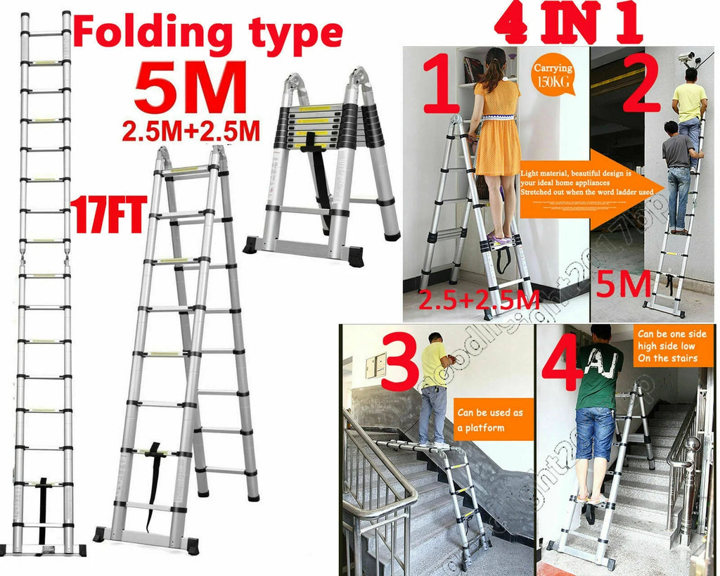 Telescopic Loft Ladder 16.5Ft Extendable Collapsible Step Ladders W6539