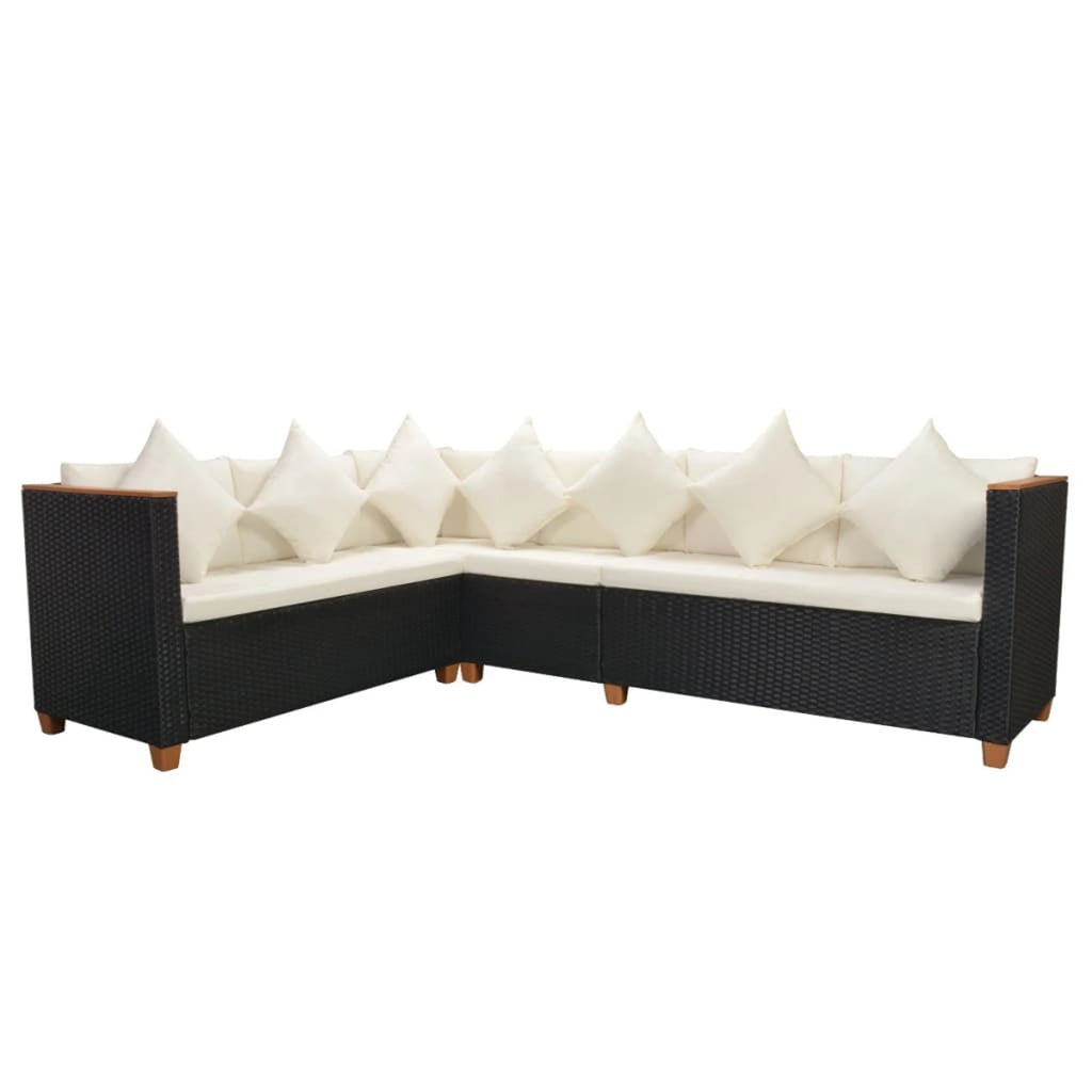 4 Piece Patio Lounge Set with White Cushions Black Poly Rattan 2-Seater Sofas with Corner Sofa and Coffee Table V133689