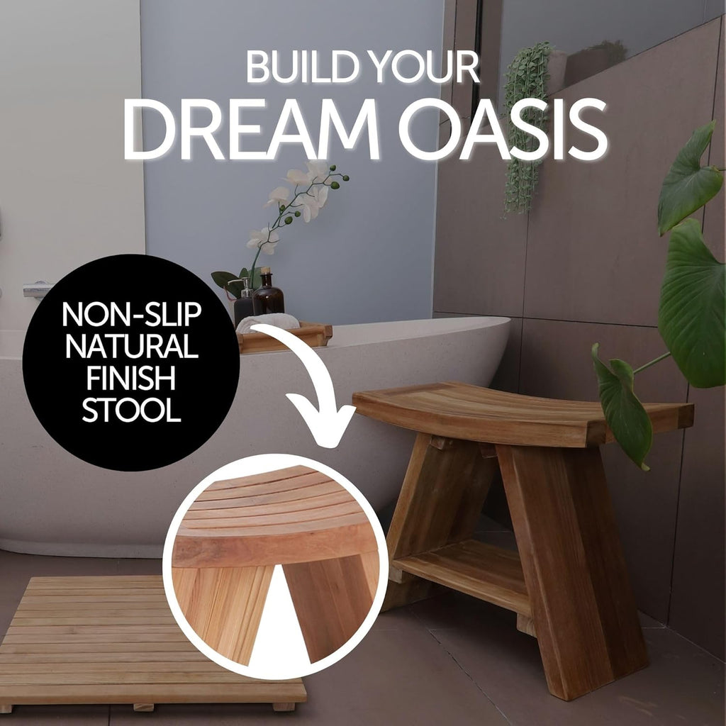 Teak Wood Shower Bench 17.7" Natural Finish Curved Seat I5465