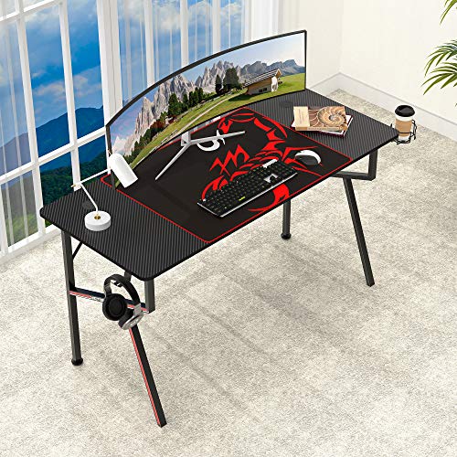 Black 47 Inch Gaming Desk with Mouse Pad Headset Hook Cup Holder Controller Stand R86074