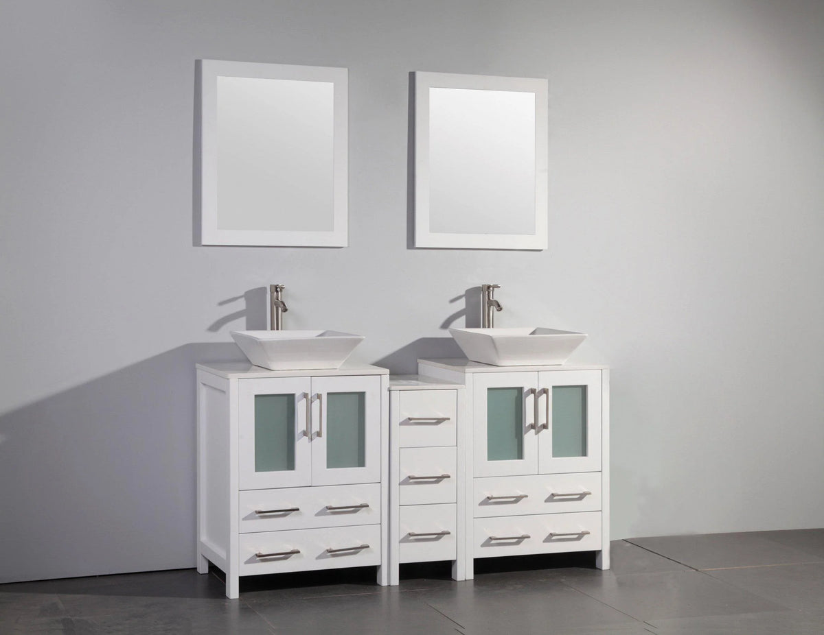 60 in. White Double Sink Vanity Cabinet with Ceramic Vessel Sink & Mirror M612