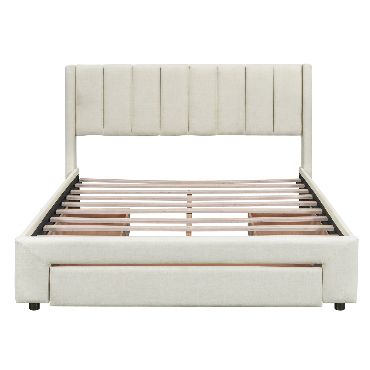 Beige Queen Size Upholstered Platform Bed with 3 Storage Drawers Z7393