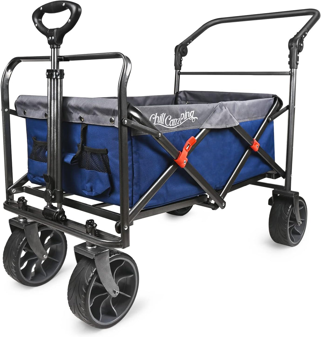 Collapsible Folding Wagon with Adjustable Push Pull Handles, Big Rubber Wheels, Green/Gray I22881