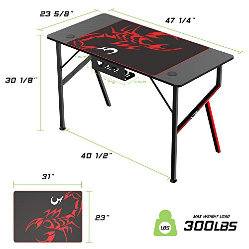 Black 47 Inch Gaming Desk with Mouse Pad Headset Hook Cup Holder Controller Stand R86074