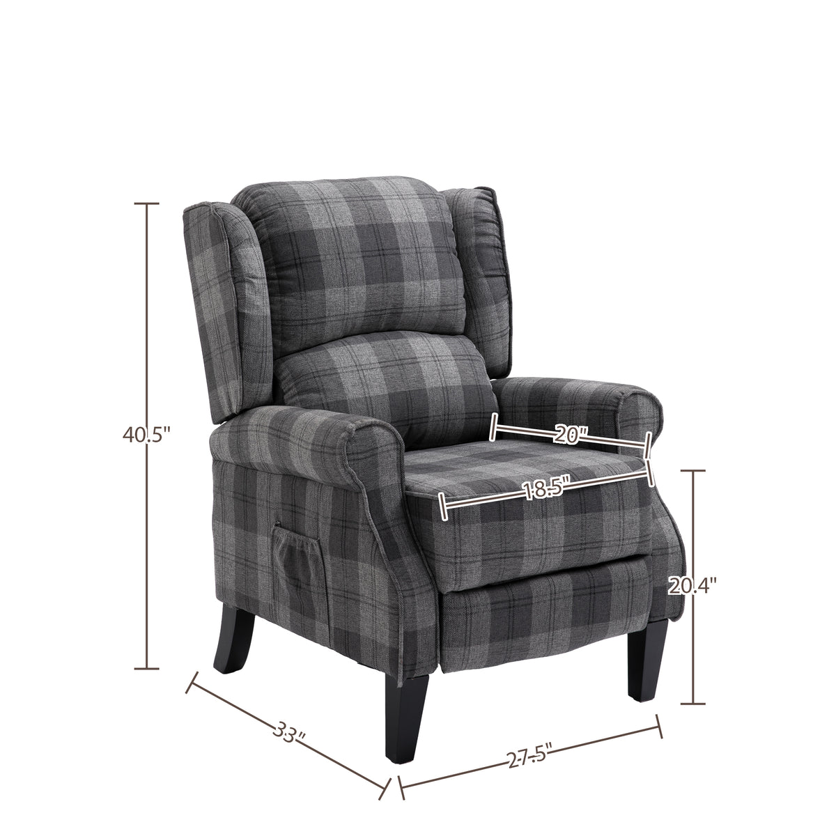 Gray Check Upholstered Recliner Chair with Adjustable Footrest and Side Pocket M910