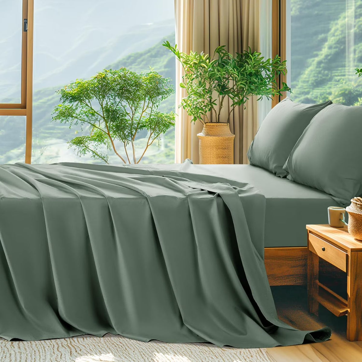King Size 4 PC Cotton Sateen Weave Bed Sheet Set with Deep Pocket O696437