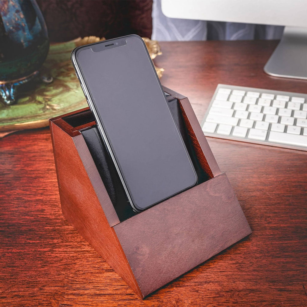 Walnut and Leather Desktop Cell Phone Holder X530409