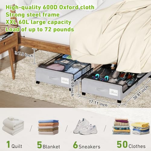 Black 2-Pack XXL 60L Rolling Metal Under Bed Storage Bins with Lids O175514