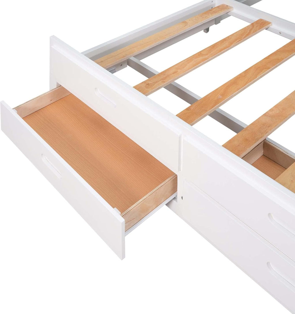 White Queen Size Wood Canopy Platform Bed with Twin Size Trundle Bed and 3 Storage Drawers C748