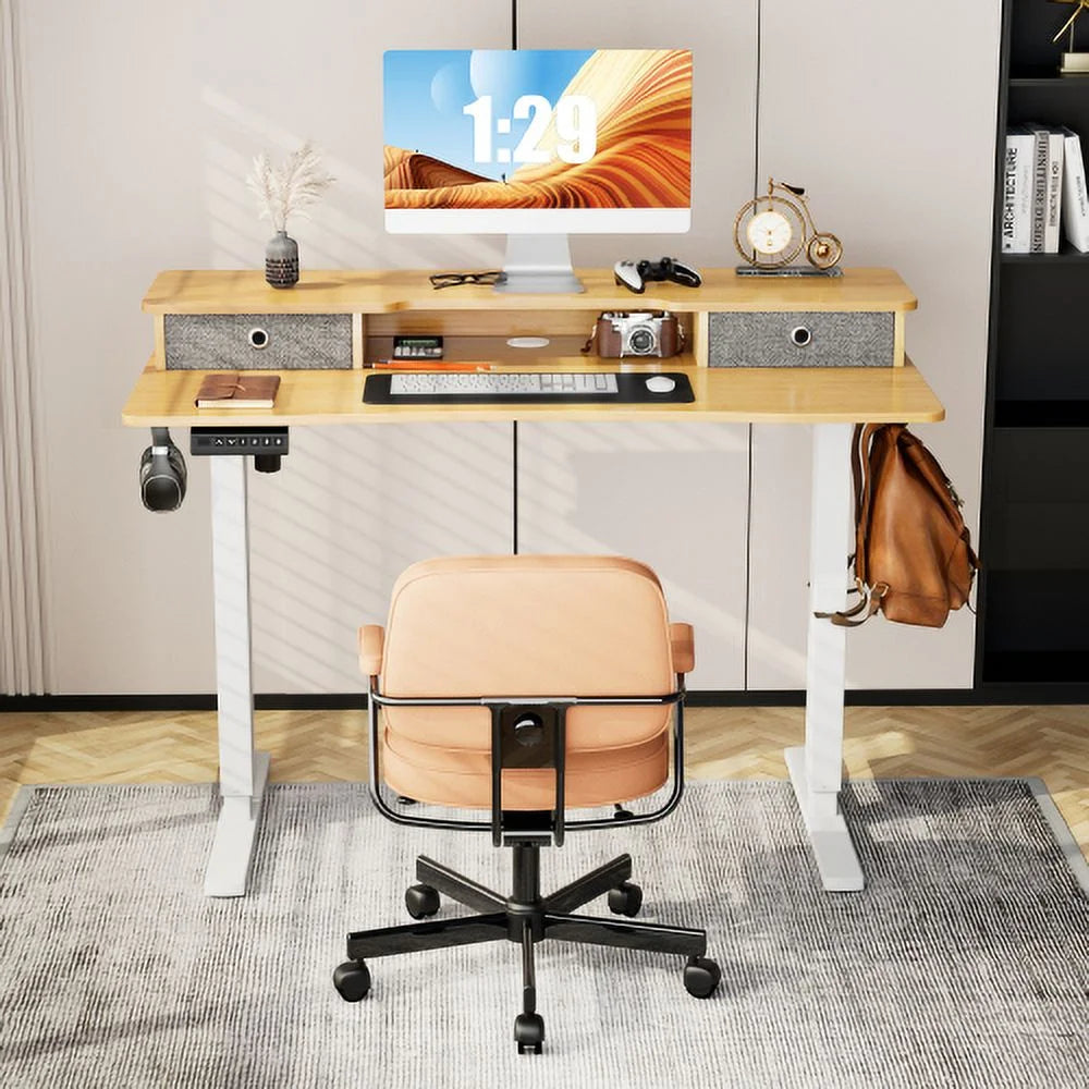 Height Adjustable Electric Standing Desk with Storage Shelf Double Drawer Z166