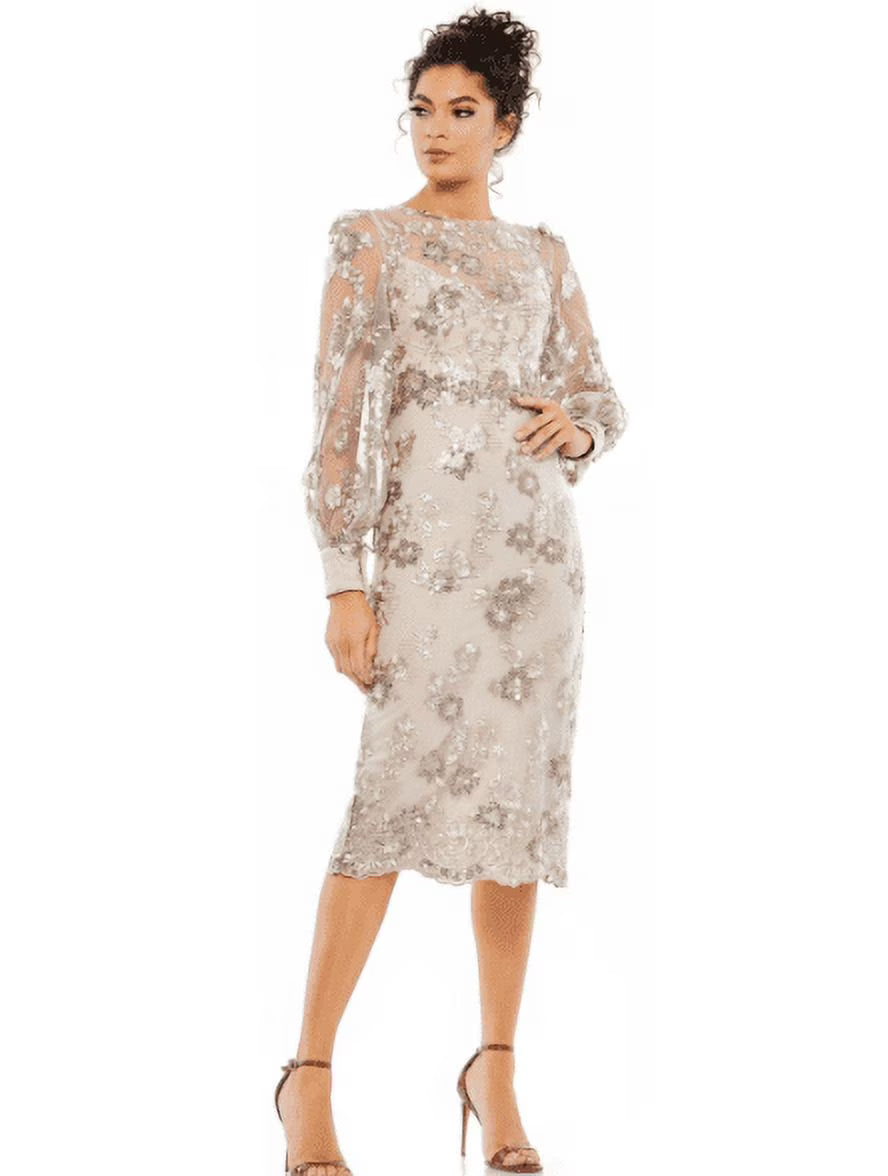 Mocha Embellished High Neck Illusion Long Sleeve Dress S122