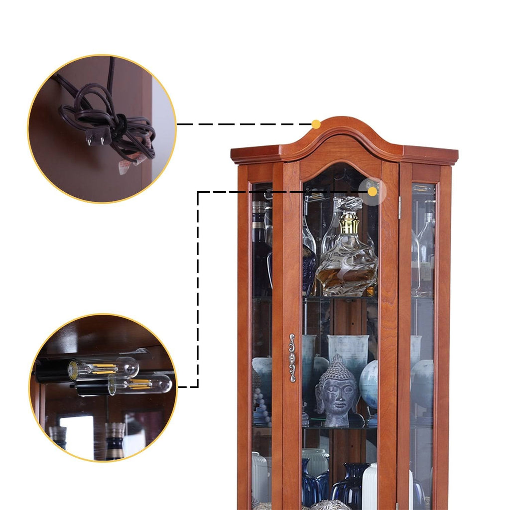 Brown Lighted Corner Curio Display Cabinet D9144
