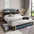Queen Bed Frame with LED Lights and Charging Station, Upholstered Platform Bed Frame with Hidden Storage and 4 Drawers, Black C667