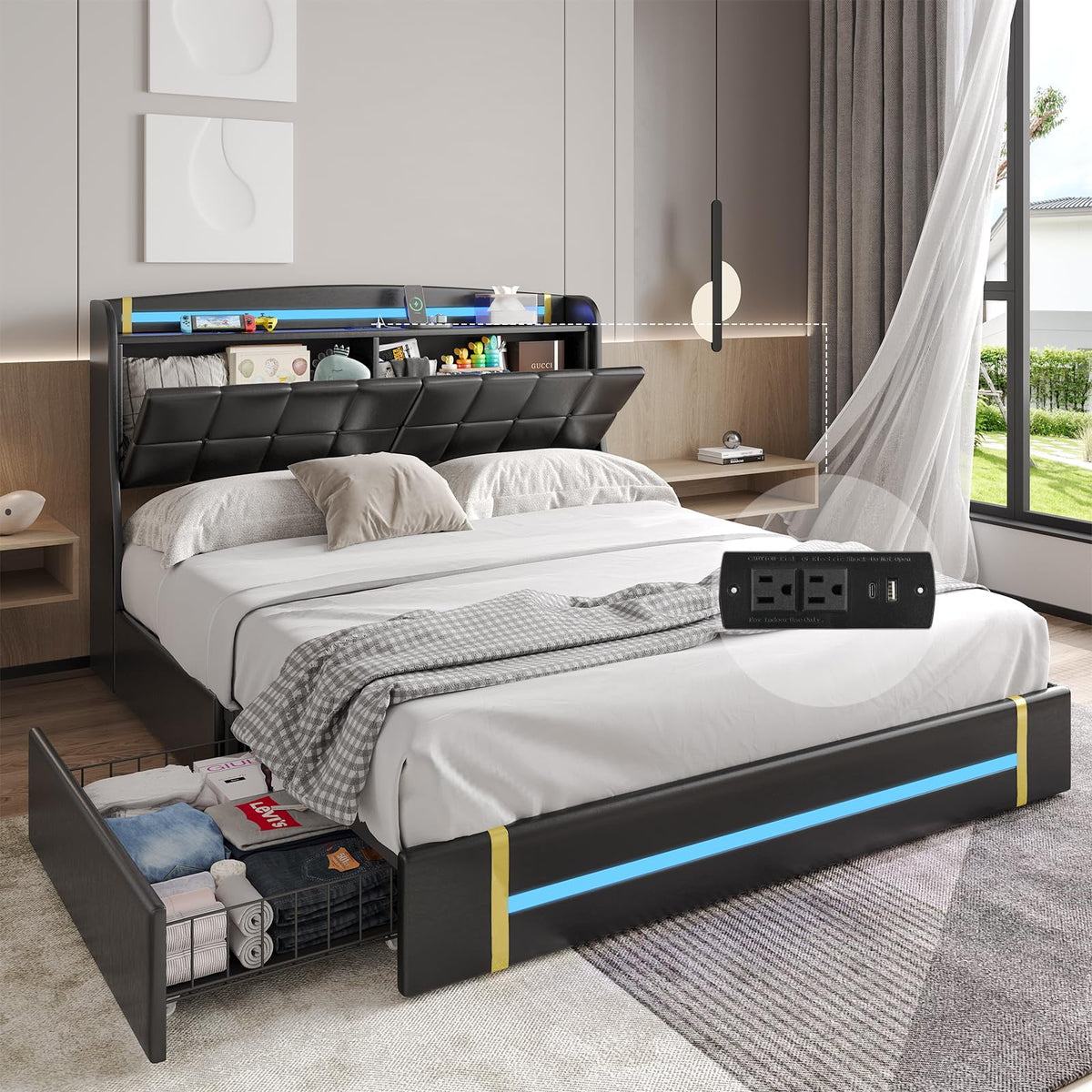 Queen Bed Frame with LED Lights and Charging Station, Upholstered Platform Bed Frame with Hidden Storage and 4 Drawers, Black C667