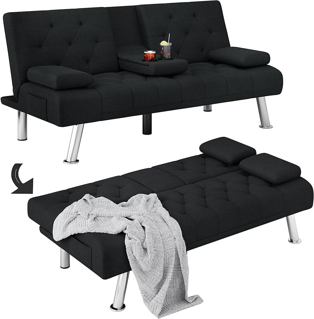 Black Convertible Upholstered Sofa Bed with Cupholders I25048