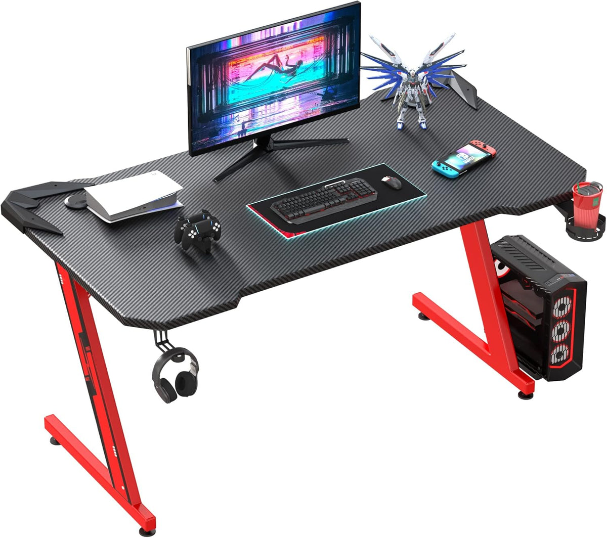 Red 44 Inch Gaming Desk with Cup Holder and Headphone Hook N26186