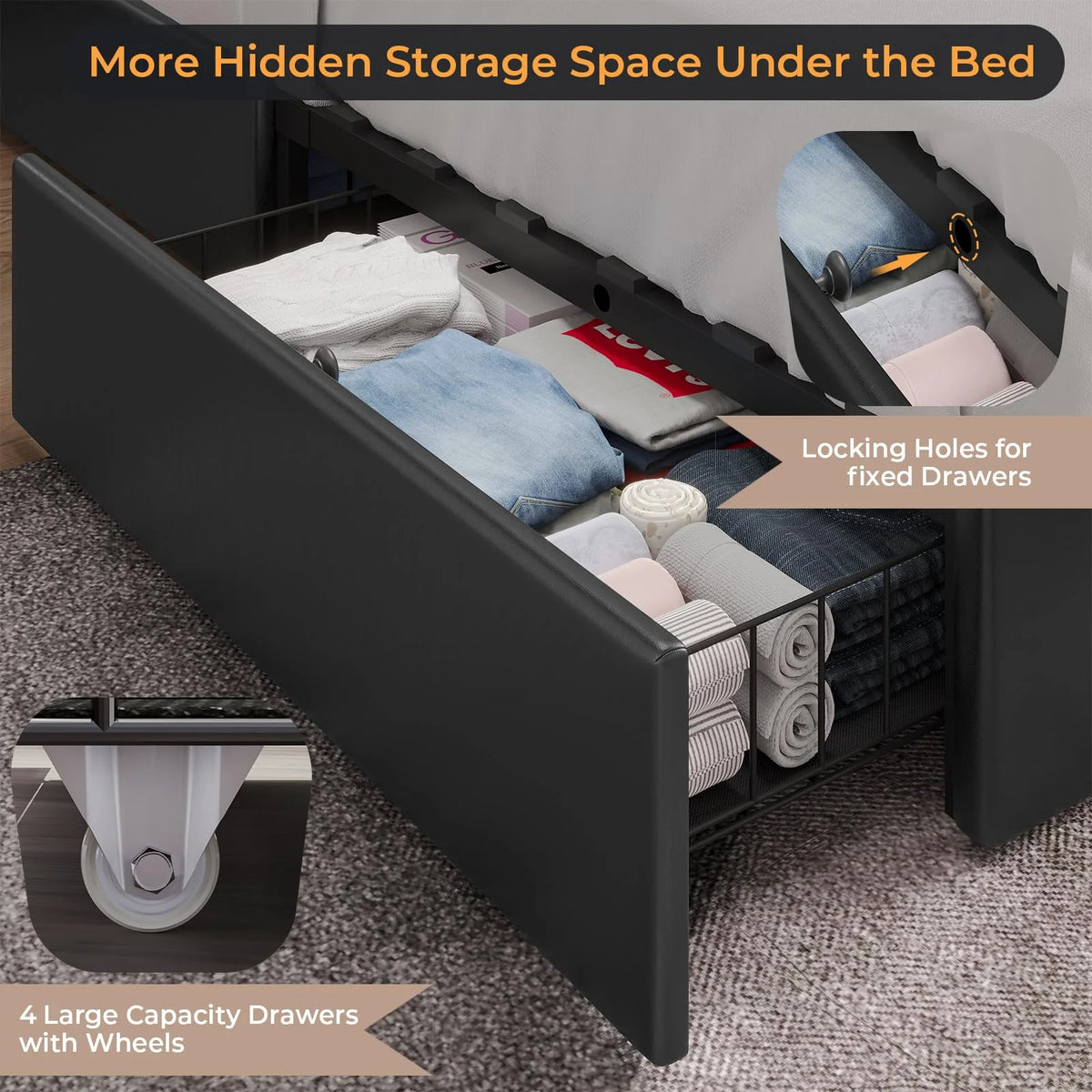Queen Bed Frame with LED Lights and Charging Station, Upholstered Platform Bed Frame with Hidden Storage and 4 Drawers, Black C667