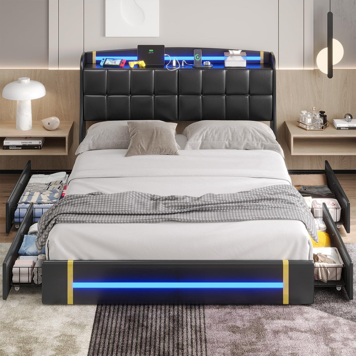 Queen Bed Frame with LED Lights and Charging Station, Upholstered Platform Bed Frame with Hidden Storage and 4 Drawers, Black C667