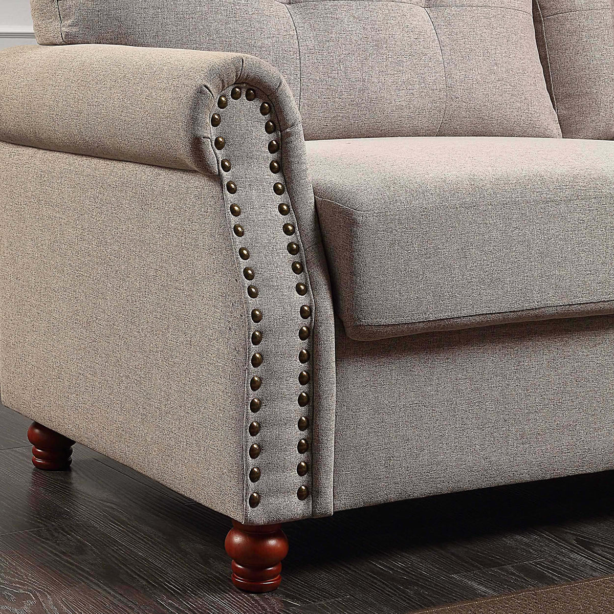 Beige Linen Fabric Upholstery Storage Sofa with Tufted Cushions V26763