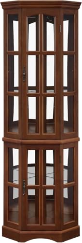 Lighted Corner Curio Cabinet with 4 Adjustable Shelves, Mirrored Back Panel, 4 Tempered Doors, 23.75"×11.75"×70", Cherry A907252