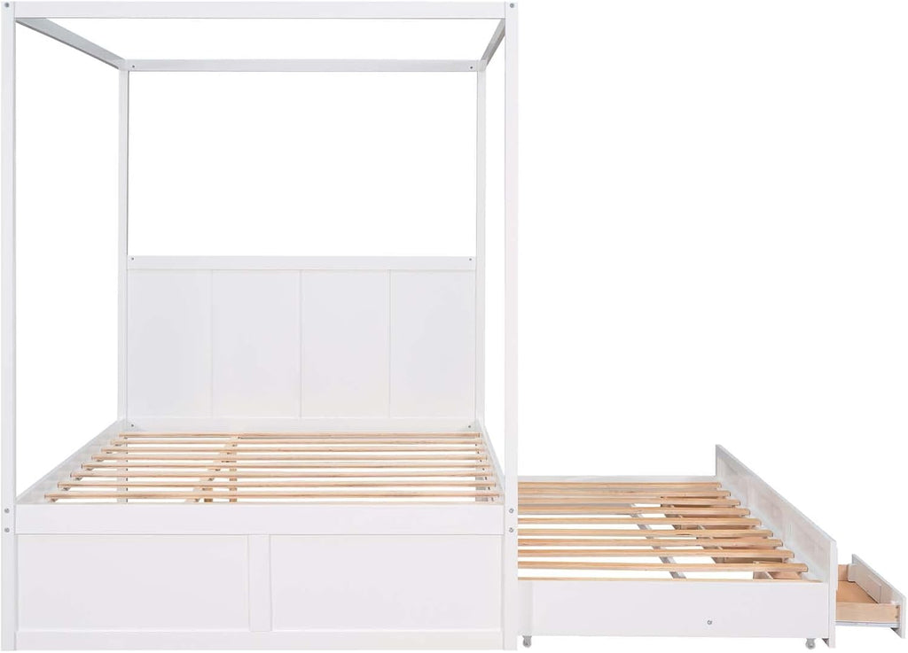 White Queen Size Wood Canopy Platform Bed with Twin Size Trundle Bed and 3 Storage Drawers C748