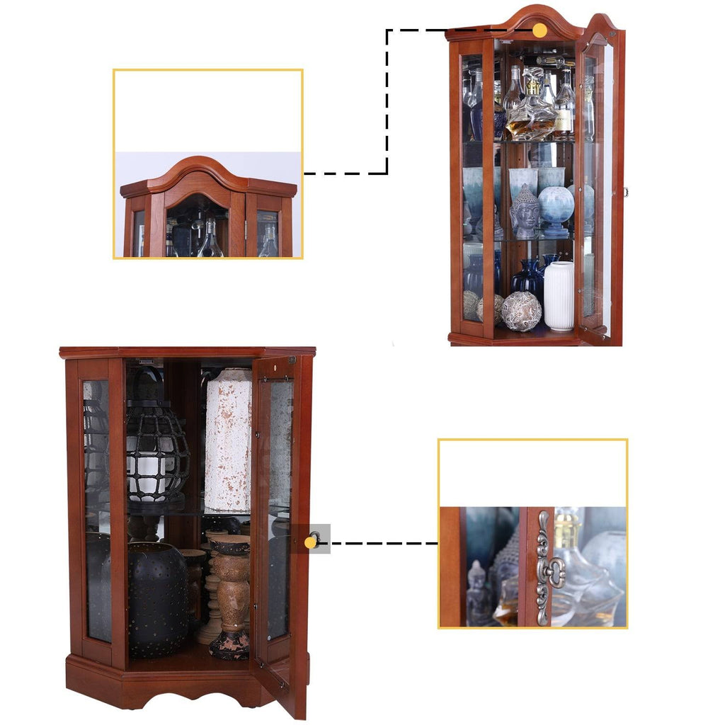 Brown Lighted Corner Curio Display Cabinet D9144