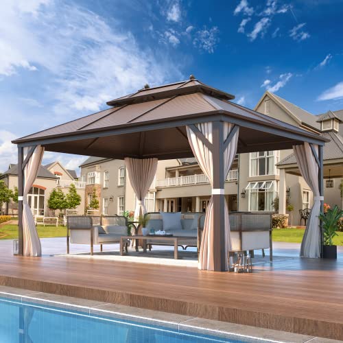 14'x20' Hardtop Gazebo Double Roof Galvanized Steel Canopy Aluminum Frame with Netting and Curtains N1640