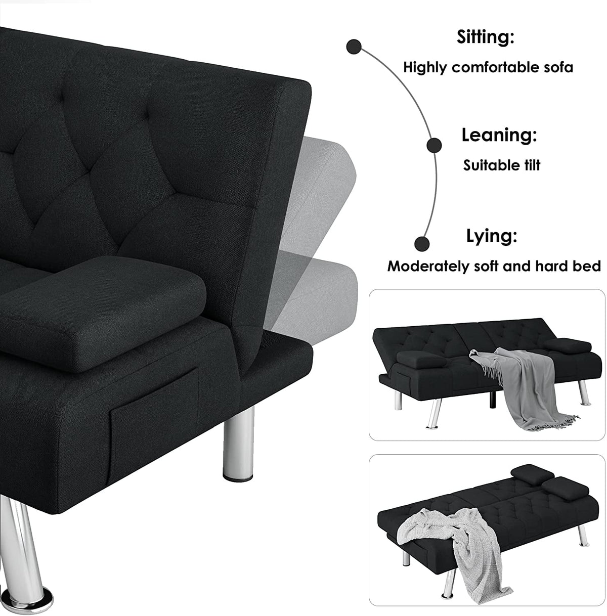 Black Convertible Upholstered Sofa Bed with Cupholders I25048