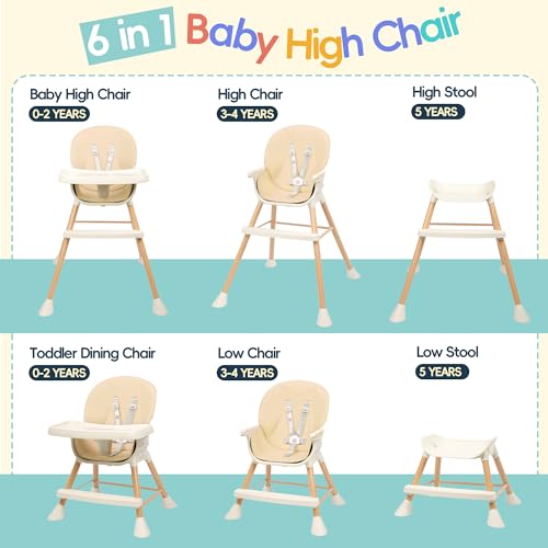 Beige 6-in-1 Convertible Baby High Chair with Cushion E7463