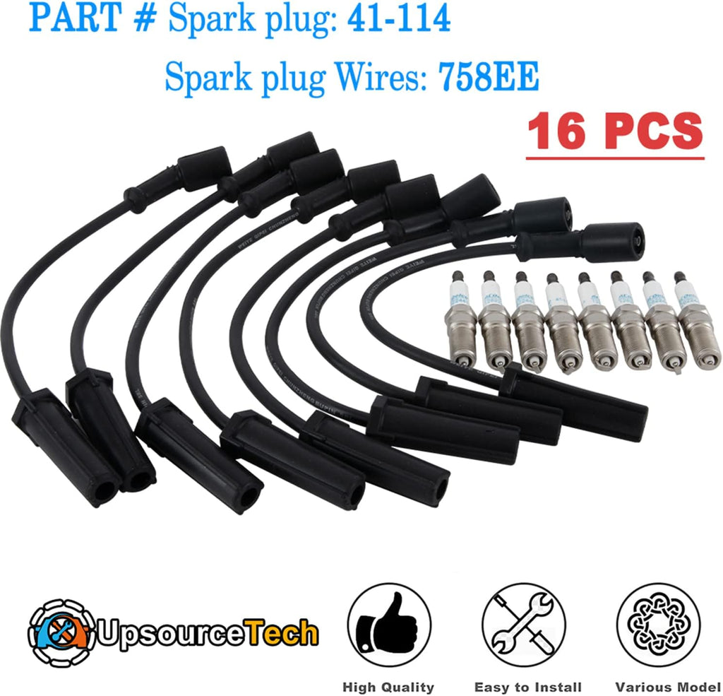 8x Spark Plug Wires & 41-114 Spark Plugs Set, Pack of 2 P80343