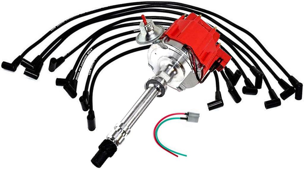 HEI Distributor Black Cap with Spark Plug Wires Set Pigtail Harness Complete Kit W48178