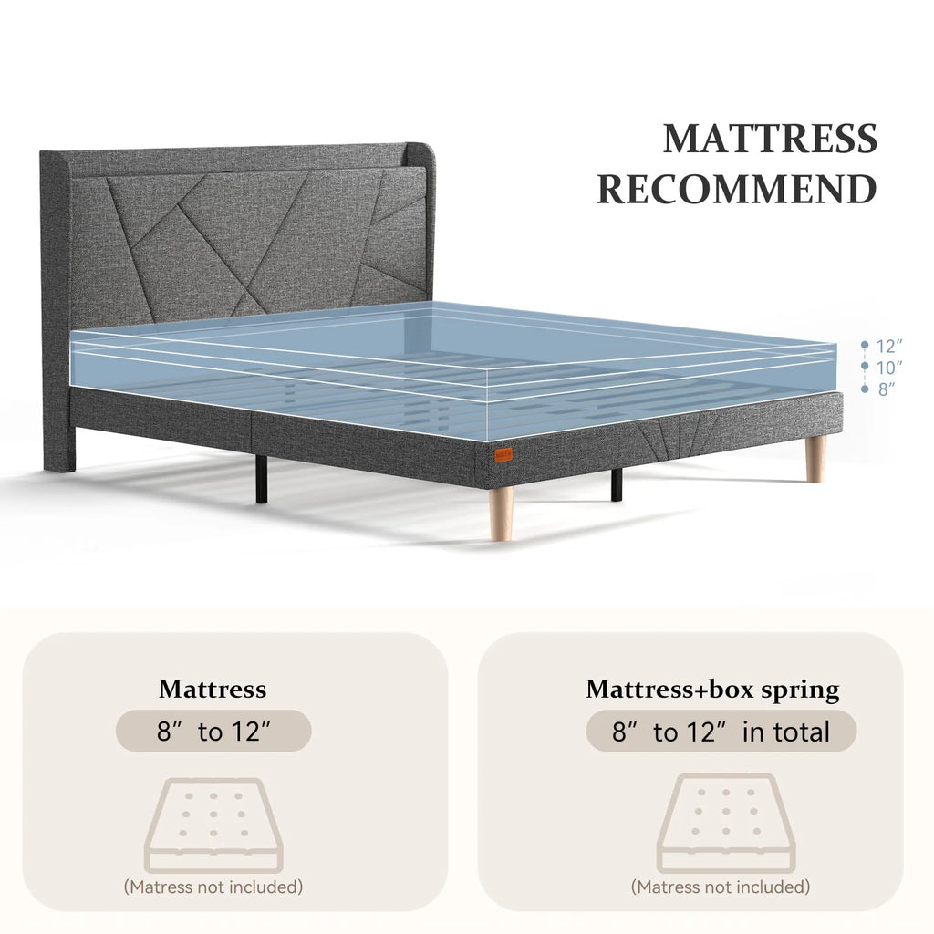 Queen Upholstered Platform Bed Frame with Wingback Storage Headboard M95821