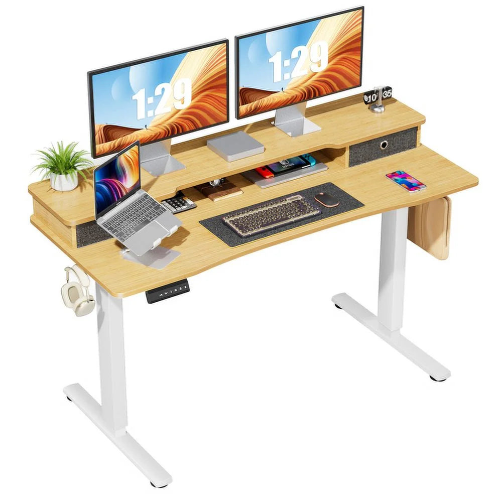 Height Adjustable Electric Standing Desk with Storage Shelf Double Drawer Z166