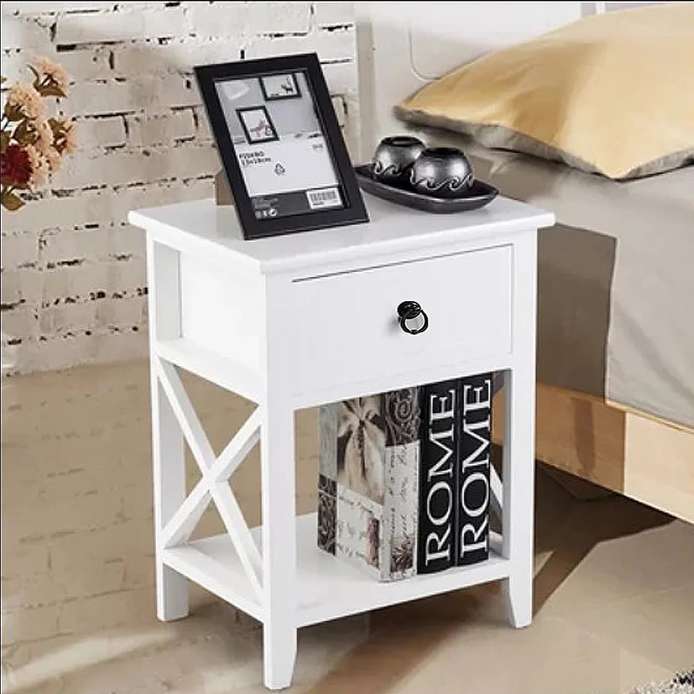 White Nightstand with Drawer and Shelf D87861